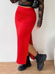 SHEIN EZwear Valentine's Day,Plus Size Women Satin Pleated Waist Skirt, Red Long Skirt With Slitskirt Redred Long Skirt - Red - View 1