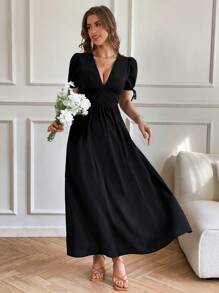 SHEIN VCAY 女士优雅深 V 领黑色连衣裙，女士夏季服装 - 黑色 - 查看 5