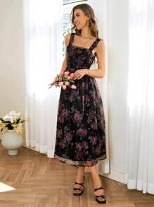 SHEIN VCAY Elegant Floral Print Waist Cinched Cami Dress - Black - View 3