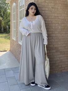 Dazy Plus Elastic Waist Wide Leg Long Pants, Casual Trousers For All Seasons