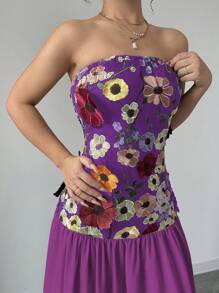 Elenzga Đầm Maxi Ống In Hoa Cho Nữ Trang Phục Nữ - Màu tím - Xem 6