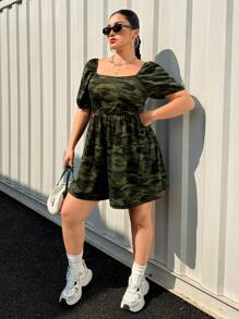 SHEIN EZwear 大码夏季休闲迷彩泡泡袖连体衣 - 軍綠色 - 查看 5