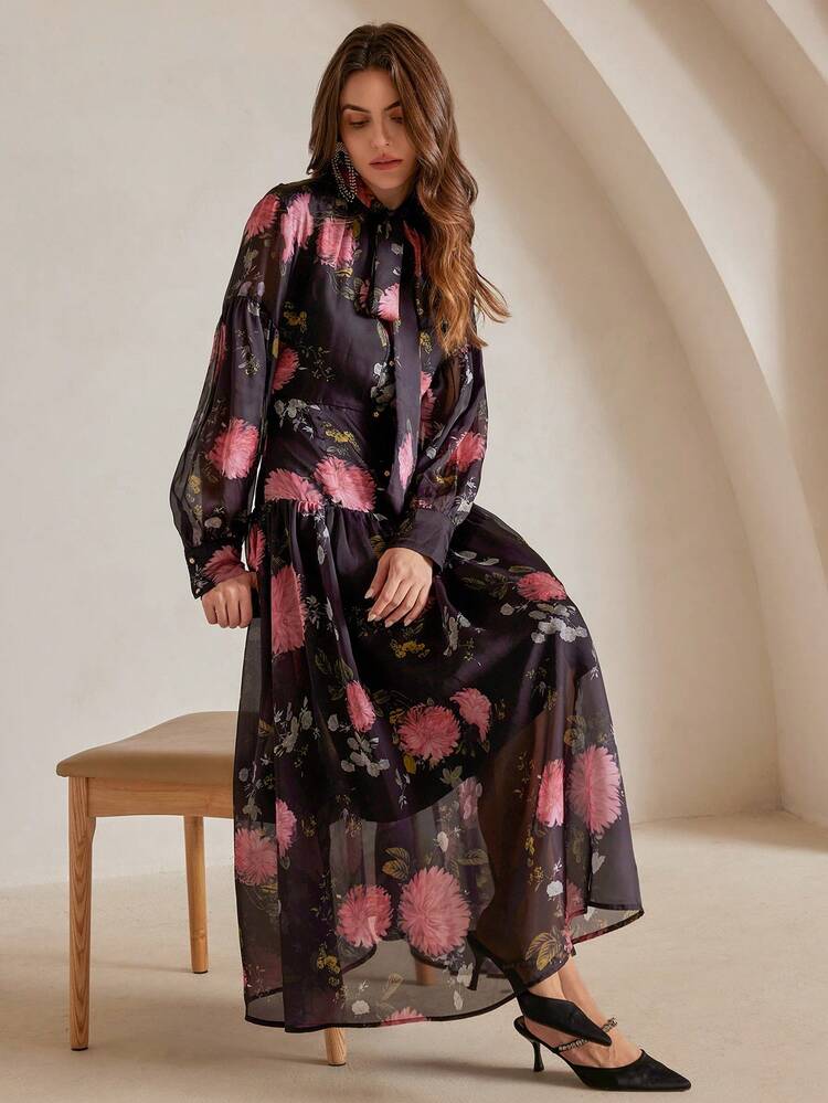 Women's New Pleated Floral Print A-Line Dress With Flared Long Sleeves, Elegant Fashion Loose Dress