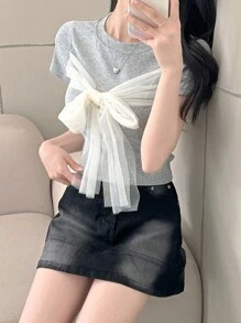 DAZY Women's Round Neck Fitted Cropped Contrast Mesh Bowknot Short Sleeve T-Shirt, Spring/Summer - Grey - View 4