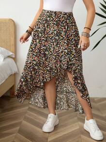 SHEIN LUNE Váy nữ cỡ lớn phong cách Bohemian, họa tiết hoa nhí, ngắn trước sau và dài, thiết kế cạp cao, thích hợp cho mùa cưới, nghỉ hè, đi nghỉ mát. - Nhiều màu - Xem 5