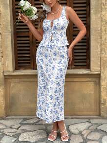 Calvaya Damesset van 2 stuks: top met bloemenprint en elegante rok, blauw