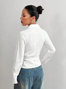 SHEIN Unity Women's Casual Versatile Criss-Cross Wrapped Tie-Up Collar Waist Slimming Long Sleeve Shirt Fall Cloth For Women - White - View 2