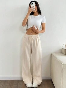 SHEIN PETITE 女士百搭休闲条纹直筒裤 - 卡其色 - 查看 6