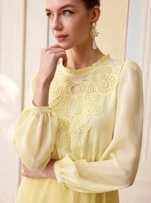 ZEYLAH EMBROIDERED PLEATED LONG SLEEVES DRESS, SPRING DRESS,SPRING/SUMMER - Yellow - View 2