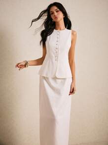 Poéselle Summer Linen Vest And Skirt Two-Piece Set For Women, Old Money Style Sleeveless Buttoned Top, Beach Skirt, Women's Pencil Skirt, White Two-Piece Set, Casual Wear, Comfortable Fabric, Breathable And Soft, Office Women's Clothing, Daily Vacation Wear, Beach Vacation Clothing