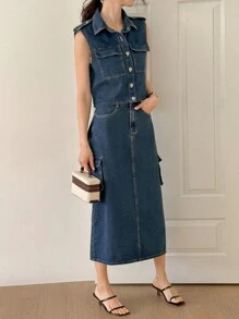 DAZY Women Denim Outfit Sleeveless Top And Skirt Set, Minimalist & Fashionable For Casual Everyday Wear - Blue - View 3