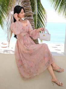 DAZY Spring New Fashion Plant Print Waist High Waist Sundress, Elegant Long Sleeve Ditsy Floral Dress, High-End Pink Ditsy Floral Formal Dress For Women