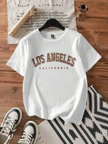 SHEIN EZwear Casual College Style Los Angeles Graphic Letter Print White Round Neck Short Sleeve Women's Fitted T-Shirt, Summer, Cotton Blend Pullover - White - View 1