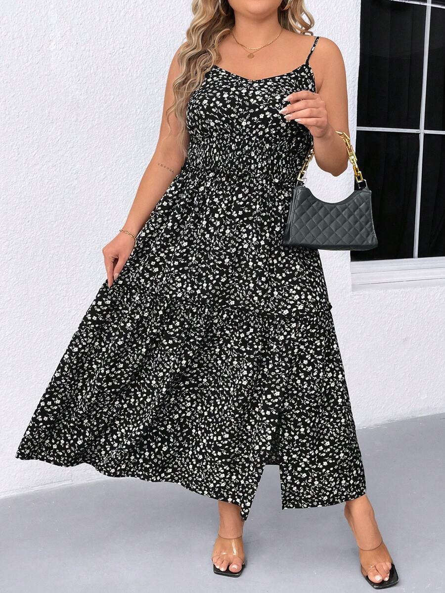 SHEIN LUNE Plus Size Women Ditsy Floral Spaghetti Strap Midi Dress - Black - View 1