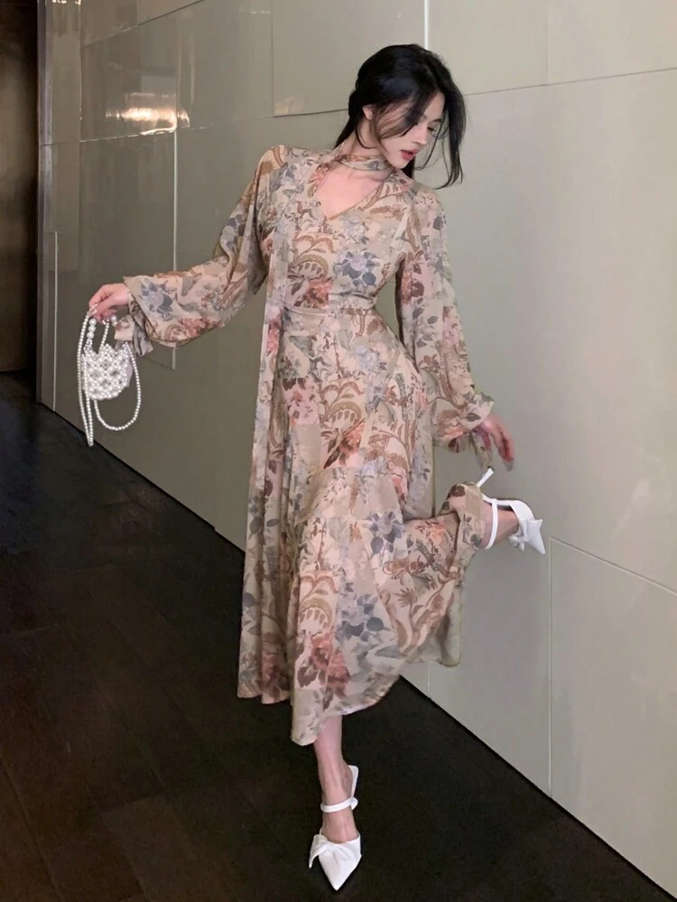 Palace Style Ditsy Floral Allover Print V-Neck Chiffon Cinched Waist Mid-Calf Dress For Women,Ruffle,Fall Dress Long Sleeve Dress Vacation Outfits Women Maxi Dress Boho