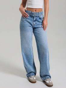 EURMUSE HIGH RISE STRAIGHT BLUE JEAN WITH BELT - Medium Wash - View 4