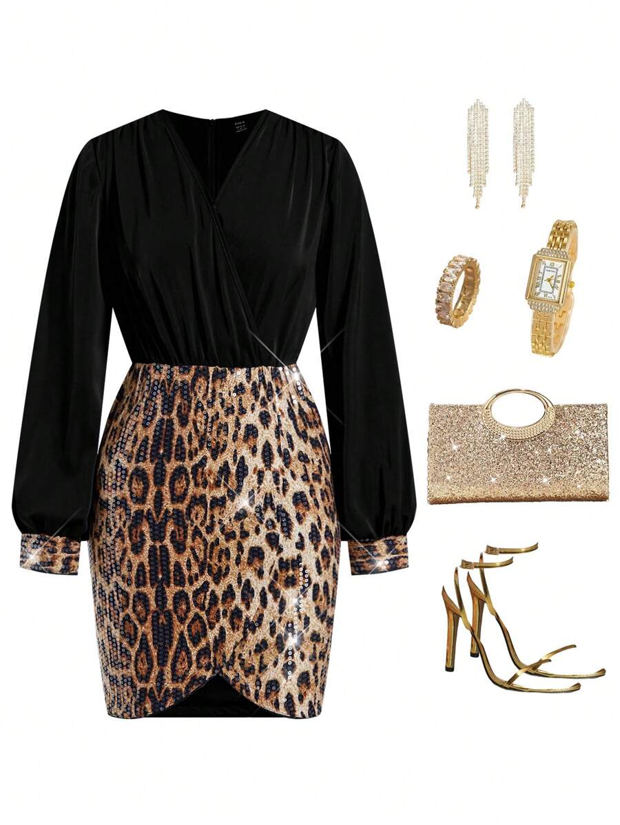 Ellevyn 女士优雅派对豹纹亮片拼接纯色 V 领灯笼袖超短迷你连衣裙 - 彩色 - 查看 1