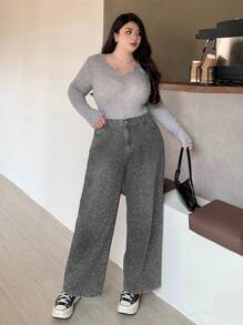 Dazy Plus Plus Size Loose Straight-Leg Long Design Rhinestone Denim Jeans, Suitable For All Seasons Sequin - Light Grey - View 5
