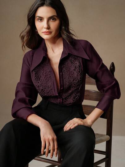 Anewsta Blusa holgada y transparente con cuello y aplicaciones de encaje para mujer