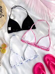 SHEIN Conjunto de 3 piezas para adolescentes: Top de bikini halter de unicolor y estampado floral diminuto