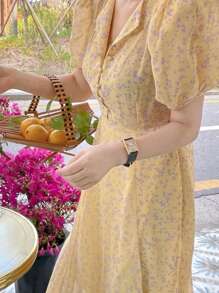 DAZY Women's Ditsy Floral Ruffled Puff Sleeve Button Casual Dress Sundress - Yellow - View 9