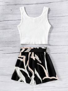 SHEIN Conjunto de 2 peças de blusa de malha casual e shorts estampados para meninas pré-adolescentes