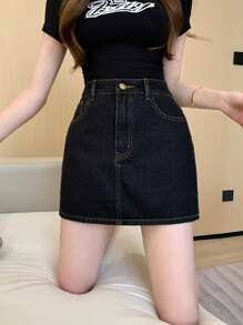 DAZY Summer Vacation Beach Sport Casual Raw Denim Skirt Jeans Skirt - Black - View 4