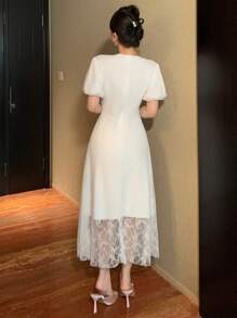 DAZY Women Tight Lace Crew Neck Waist Cinching Midi Dress - White - View 4