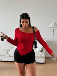 Calvaya 大码女式纯色不对称领长袖套头毛衣，秋冬针织套头衫 - 紅色 - 查看 4