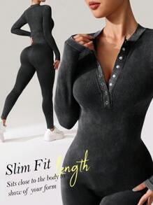 With My Calm Seamless High Stretch Ribbed Sand Wash Sports Jumpsuit - Black - View 1