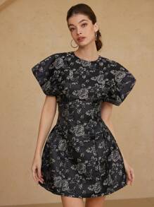 Aveloria Rosie Vestido corto de mujer con mangas de capucha, ajuste en la cintura, de tela jacquard con textura y contraste de colores, con estilo elegante y retro - Negro - Ver 3