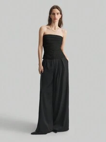 Ontre Áo croptop quây xếp ly màu trơn thanh lịch dành cho nữ 2026SS, thích hợp cho đi làm, công sở, thường ngày, du lịch, dự đám cưới, tiệc tùng, mùa hè. - màu đen - Xem 1