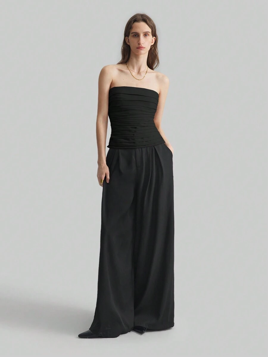 Ontre Áo croptop quây xếp ly màu trơn thanh lịch dành cho nữ 2026SS, thích hợp cho đi làm, công sở, thường ngày, du lịch, dự đám cưới, tiệc tùng, mùa hè. - màu đen - Xem 1