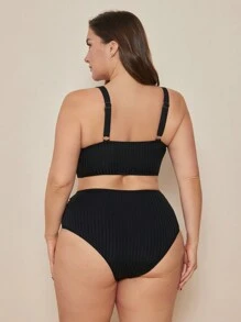 SHEIN Swim Curve Conjunto de bikini de tela acanalada de talla grande con tirantes ajustables, informal para la playa y uso diario, verano