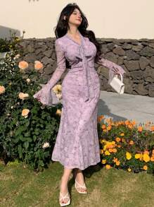 DAZY Women All-Over Floral Print Tie-Wrap Midi Dress,Ruffle - Blue - View 2