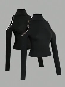 SHEIN Privé 优雅休闲镂空拼色豹纹长袖立领 T 恤套装，女款，秋冬 - 黑色 - 查看 4
