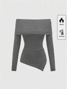ROMWE Goth Minimalist Romantic Off Shoulder Sexy Asymmetrical Hem Fitted Women Sweater