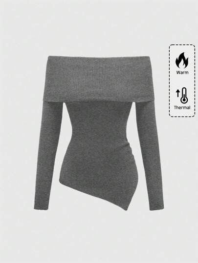 Goth Pull ajusté pour femmes à épaules dénudées, avec ourlet asymétrique sexy et style romantique minimaliste