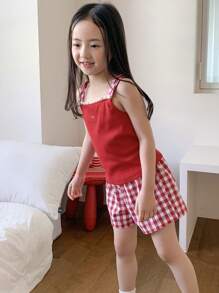 Dazy Kids 2pcs/Set Young Girl Plaid Strap Shorts,Girls Summer Outfits - Red - View 5