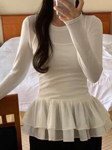 DAZY 2pcs Women's Solid Color Long Sleeve Base Layer T-Shirt & Chiffon Jumper Dress Set, White, Spring/Summer