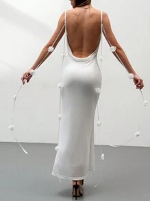 Aloruh Women's Solid Color Floral Decor Sexy Slip Dress,Sun Dress - White - View 1