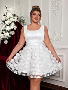 Glamrae Plus Size Elegant & Playful White Sleeveless Square Collar Short Puffy A-Line Dress, Bridal Shower, ,Party Dress, Wedding Dress, Little White Dress,Bride