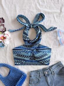 Soleia Parte superior corta de punto con rayas, escote cruzado y lazo en el cuello para mujer, ideal para vacaciones