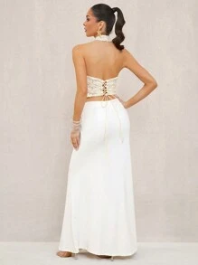 Lumalex White Floral Summer Elegant Date Women's Backless Halter Neck Blouse,Bohemian BOHO Beach Wedding Banquet Graduation Ceremony Premium Quality Top - Apricot - View 3