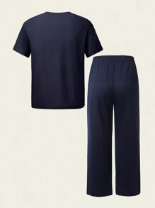 SHEIN 2 Pieces Set For Teen Boys, Including A Round-Neck Short Sleeve T-Shirt With Color Block And City Pattern, Paired With Loose And Comfortable Casual Long Pants, New For Summer Season