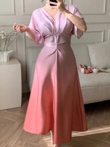 DAZY Women's Gradient Batwing Sleeve V-Neck Waist Flared Muse Dress, Suitable For Summer, Valentine's Day, Vacation Maxi Dress - Pink - View 6