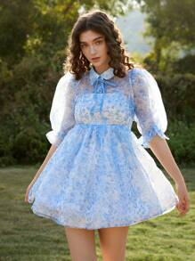 SHEIN MOD Women Floral Print 2 In 1 Tie-Up Organza Dress, Women's Blue And White Print, Organza, Two-Piece Suit, Jacket And Dress, Print Blue Dress (Without White Inside Petticoat), Retro Palace Style Puff Sleeve, Art Series,