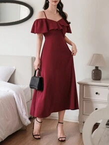 DAZY Solid Color Sleeveless Ruffle Trim Mid-Length Dress For Women Sundress Red Women Dresses - Red - View 6