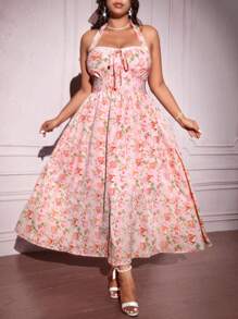 Flirla Plus Size Boho Ditsy Floral Tie Front High Waist Dress With A-Line Hem, For Summer - Multicolor - View 1