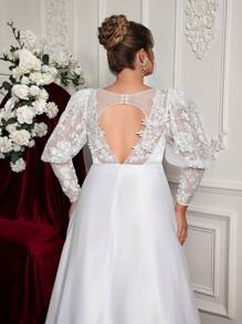 Glamrae 大码浪漫复古白色羊腿袖露背透明 A 字拖尾婚纱